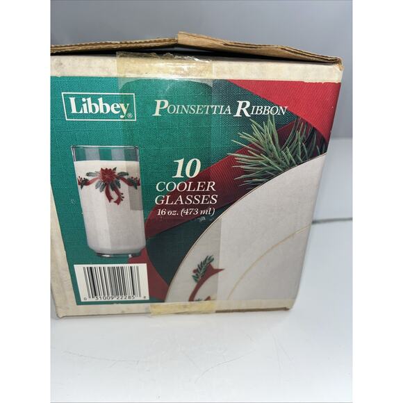 NOS Vintage Libbey Poinsettia Ribbon Glasses Set of 10 W/ Box USA - Picture 4 of 6